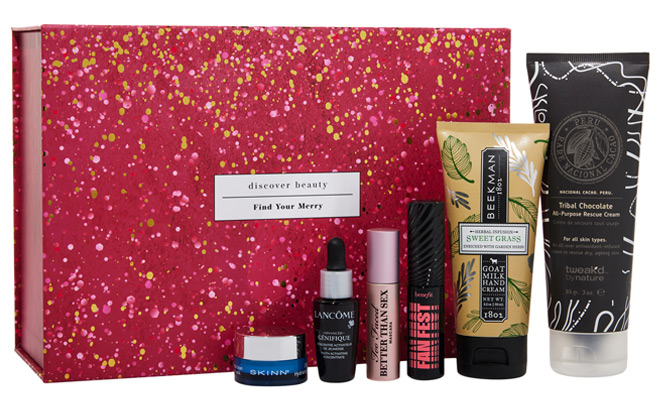 HSN Discover Beauty x Find Your Merry Sample Box on White Background