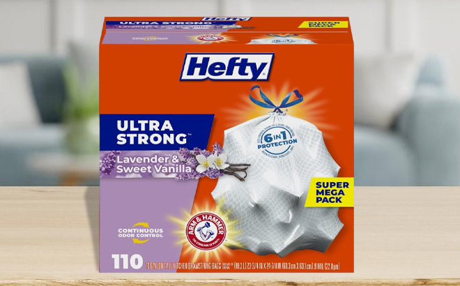 Hefty Ultra Strong Tall Kitchen Trash Bags on a Table Hefty Ultra Strong Tall Kitchen Trash Bags on a Table