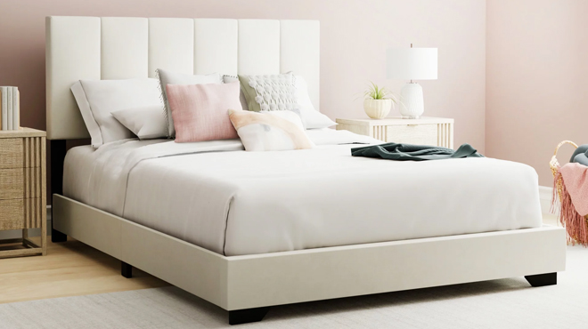 Hillsdale Reece Channel Stitched Upholstered Full Bed in Ivory Color Hillsdale Reece Channel Stitched Upholstered Full Bed in Ivory Color