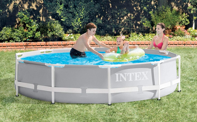 Intex 10 Feet Round Prism Metal Frame Above Ground Outdoor Backyard Swimming Family Pool for Kids and Adults