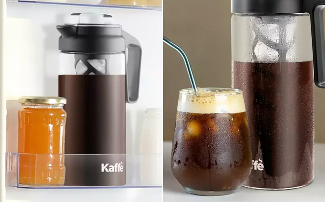 Kaffe Glass Cold Brew Coffee Maker in a Fridge and on a Table