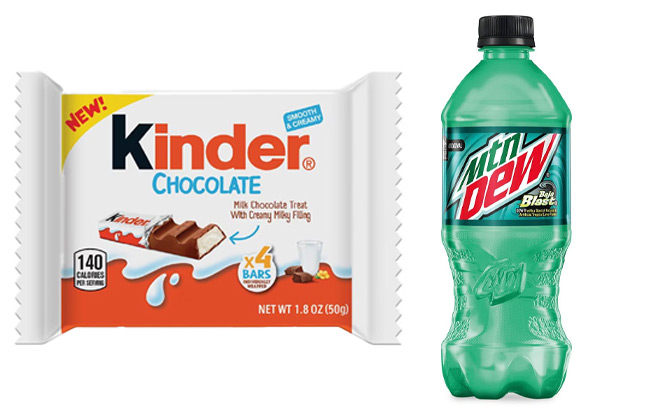 Kinder Chocolate Single and Mtn Dew Baja Blast Soda