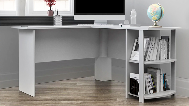 L Desk with Bookshelves in Dove Gray Color