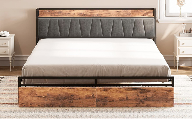 LIKIMIO King Size Bed Frame Storage Headboard with Charging Station
