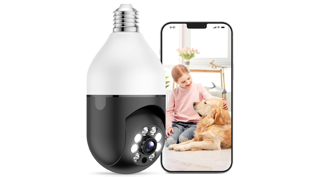 Light Bulb 2K Security Camera with Smartphone on the Side