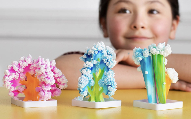 Three Tree Toy Figures In Front of a Smiling Girl 