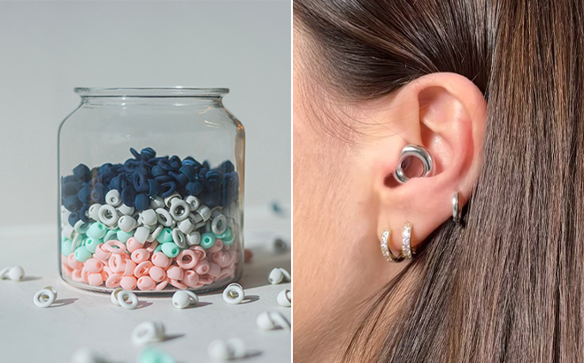 Loop Eaplugs in a Jar on the Left and A Person Using the Loop Earplugs on the Right