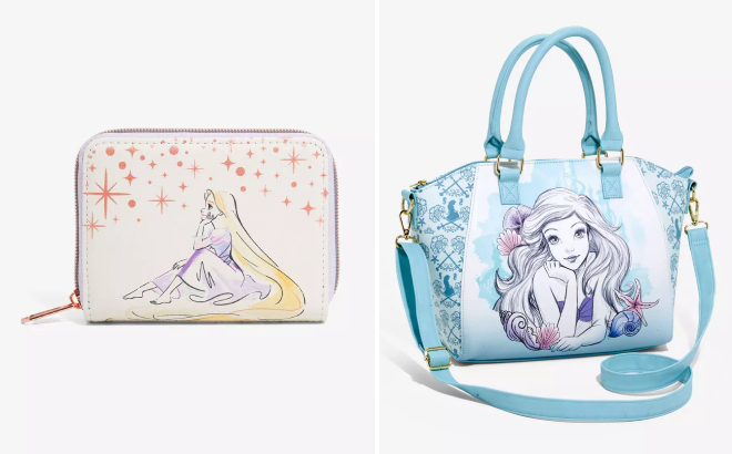 Loungefly Disney Tangled Rapunzel Stars Mini Zipper Wallet and The Little Mermaid Blue Watercolor Satchel Bag