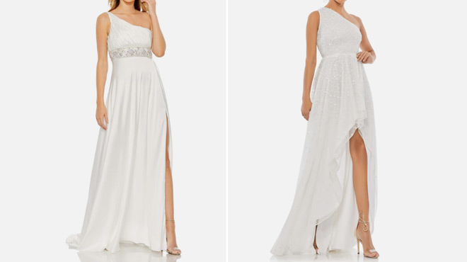 Mac Duggal One Shoulder Beaded Waist Gown on the left and Mac Duggal Embellished One Shoulder Hi Lo Gown on the right