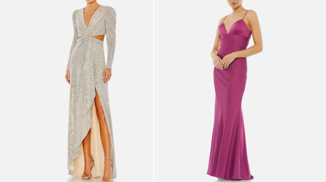 Mac Duggal Womens Long Sleeve Gown on the left and Mac Duggal Sleeveless Waist Gown on the right