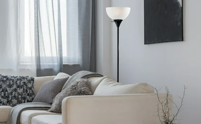 Mainstays 71 Inch Floor Lamp in a Living Room Behind a Couch
