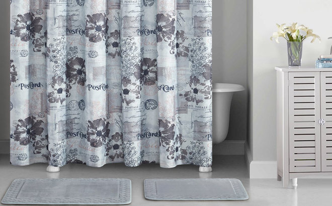 Mainstays Blue Postal Printed 15 Piece Shower Curtain Set