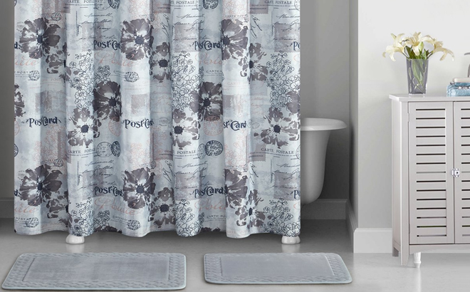 Mainstays Blue Postal Printed 15 Piece Shower Curtain Set Mainstays Blue Postal Printed 15 Piece Shower Curtain Set