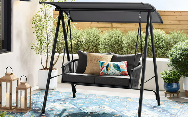 Mainstays Lawson Ridge 2 Seat Steel Outdoor Freestanding Porch Swing with Canopy and Cushions
