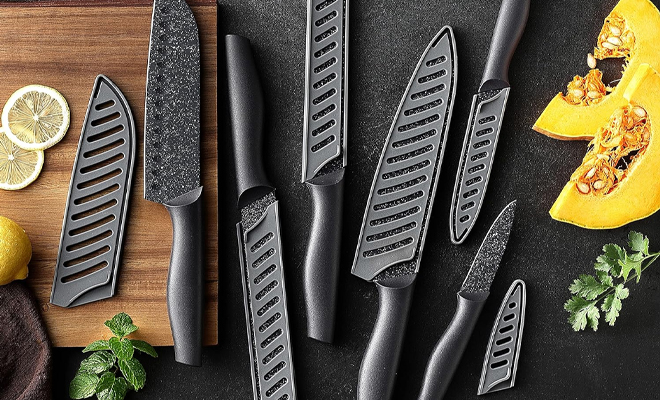 Marco Almond Kitchen 12 Piece Knife Set in Black on a Kitchen Counter