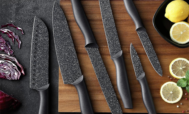 Marco Almond Kitchen Knife Set in Black on a Kitchen Counter