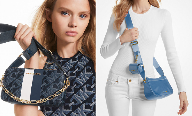 Michael Kors Jet Set Small Empire Signature Logo Stripe Double Zip Camera Bag and Jet Set Medium Nylon Crossbody Bag with Case for Apple AirPods Pro Michael Kors Jet Set Small Empire Signature Logo Stripe Double Zip Camera Bag and Jet Set Medium Nylon Crossbody Bag with Case for Apple AirPods Pro