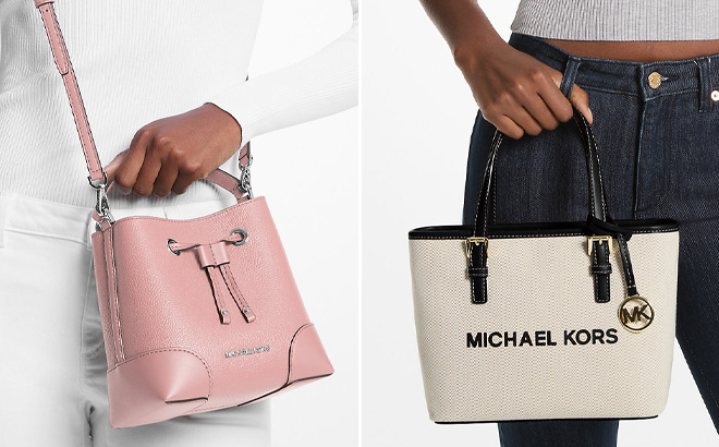 Michael Kors Mercer Small Pebbled Leather Bucket Bag and Jet Set Travel Extra Small Canvas Top Zip Tote Bag