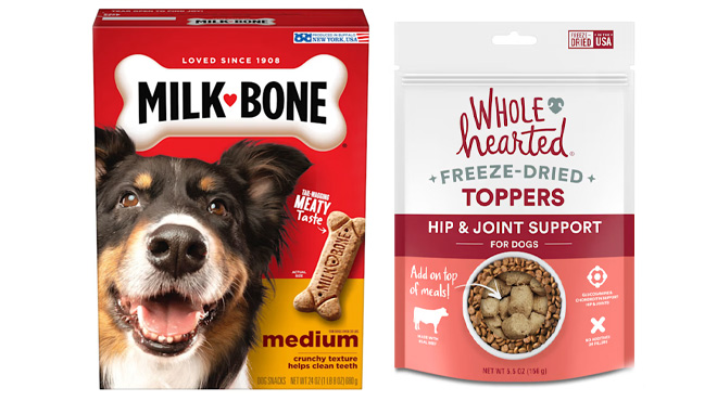 Milk Bone Medium Crunchy Biscuits Dog Treats and WholeHearted Freeze Dried Hip Joint Support Dog Food Toppers