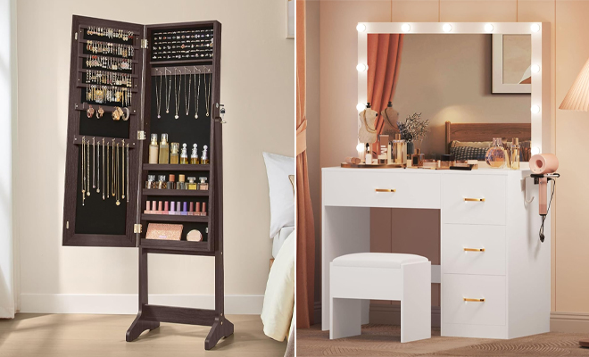 Mirrored Jewelry Cabinet Armoire and Makeup Vanity with Large Lighted Mirror Mirrored Jewelry Cabinet Armoire and Makeup Vanity with Large Lighted Mirror