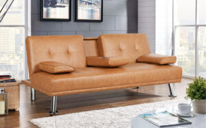 Modern Faux Leather Futon with Cupholders and Pillows
