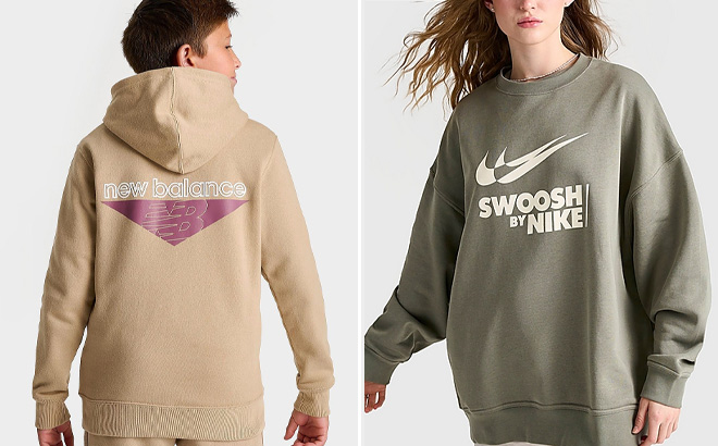 New Balance Boys Lifestyle Pullover Hoodie and Nike Womens Swoosh Sweatshirt