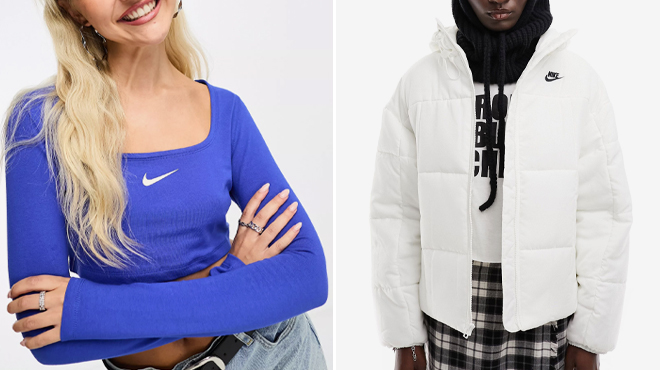Nike Womens Dance Long Sleeve Cropped Top and Classic Puffer Jacket