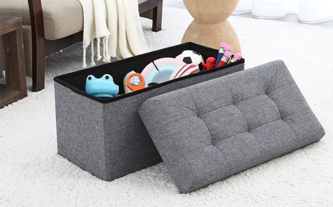Ornavo Foldable Tufted Linen Bench Storage Ottoman