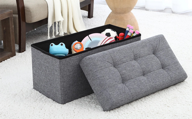 Ornavo Foldable Tufted Linen Bench Storage Ottoman Ornavo Foldable Tufted Linen Bench Storage Ottoman