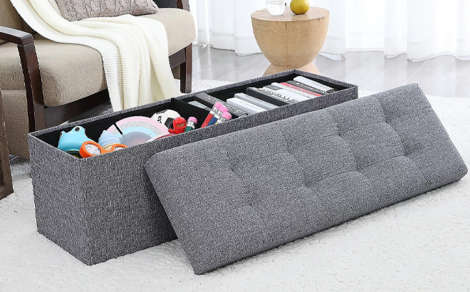 Ornavo Home Foldable Tufted Linen Large Storage Ottoman Bench