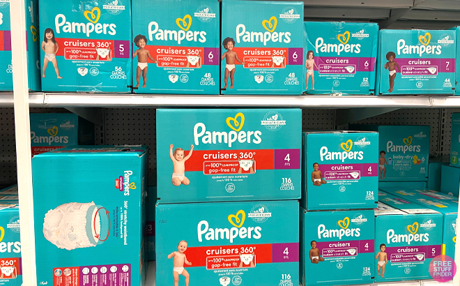 Pampers Cruisers Diapers in a Variety of Sizes on a Shelf