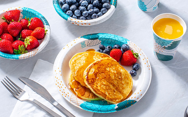 Pancakes and Berries on Disposable Paper Plates