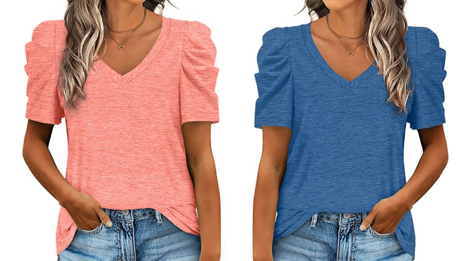 People Wearing Womens Puff Sleeve Tops in two Colors