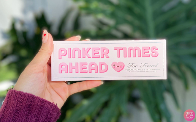 Person Holding Pinker Times Ahead Too Faced Eyeshadow Palette