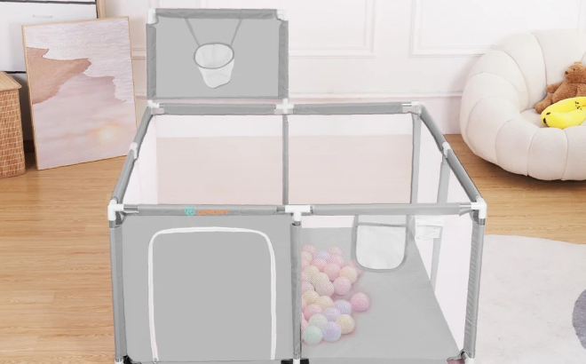Portable Baby Playpen with Basketball Hoop