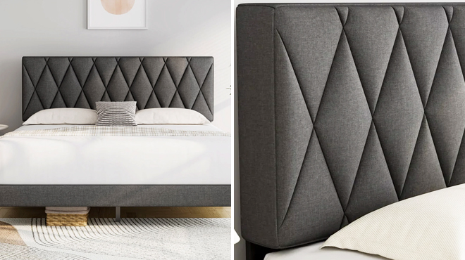 Queen Bed with Upholstered Headboard in Dark Grey