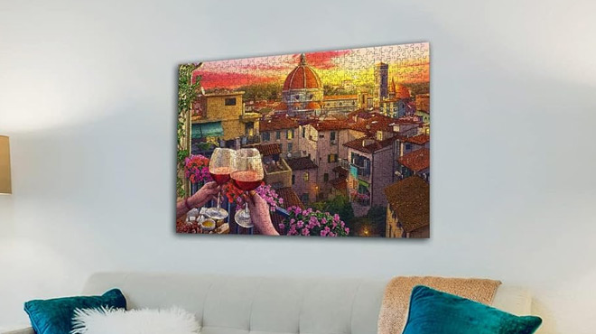 Ravensburger 500 Piece Cozy Wine Terrace Puzzle Hanged on a Living Room Wall