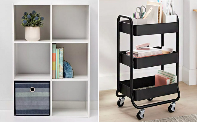Room Essentials 6 Piece Cube Organizer Shelf and Brightroom 3 Tier Metal Utility Cart