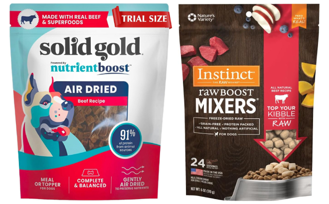Solid Gold Air Dried Dog Food Toppers and Instinct Freeze Raw Boost Mixers Dog Food Topper