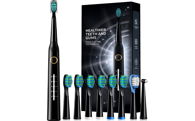 Sonic Electric Toothbrush with 8 Brush Heads on a White Background
