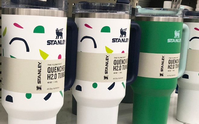 Stanley 40 Ounce Stainless Steel Flowstate Quencher Tumblers on a Store Shelf Stanley 40 Ounce Stainless Steel Flowstate Quencher Tumblers on a Store Shelf