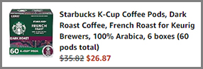 Starbucks K Cup Coffee Pods Dark Roast Coffee at Amazon