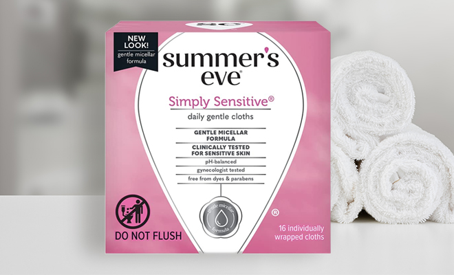 Summers Eve Cleansing Cloths Simply Sensitive 16 Count on a Bathroom Counter