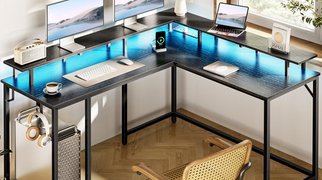 Superjare L Shaped Desk with Outlets USB Ports