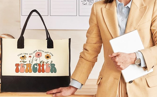 Tote Bag on a Desk Next to a Teacher Tote Bag on a Desk Next to a Teacher