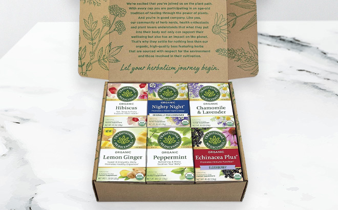 Traditional Medicinals Organic Herbal Tea in Six Calming Flavors on the Table