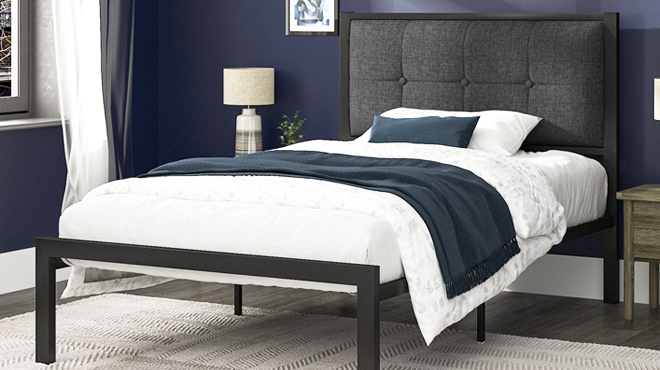 Twin Metal Platform Bed with Tufted Headboard