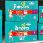 Two Boxes of Pampers Cruisers 360 Diapers on a Shelf