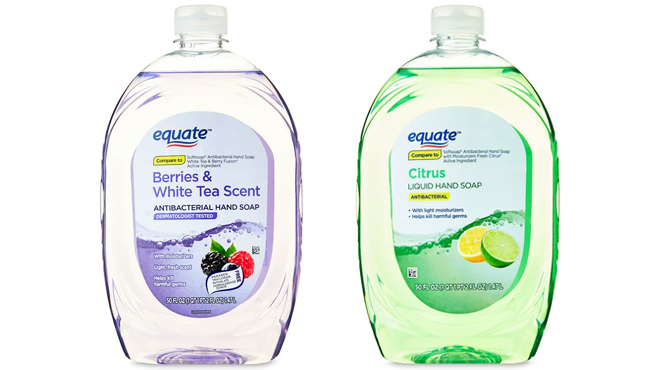 Two Equate Liquid Hand Soap Refills in Berries and White Tea and Citrus Scents
