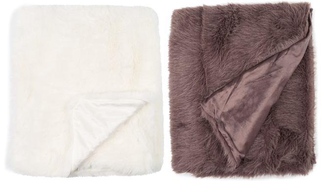 Two Faux Fur Throw Blanket in Ivory and Sable Colors